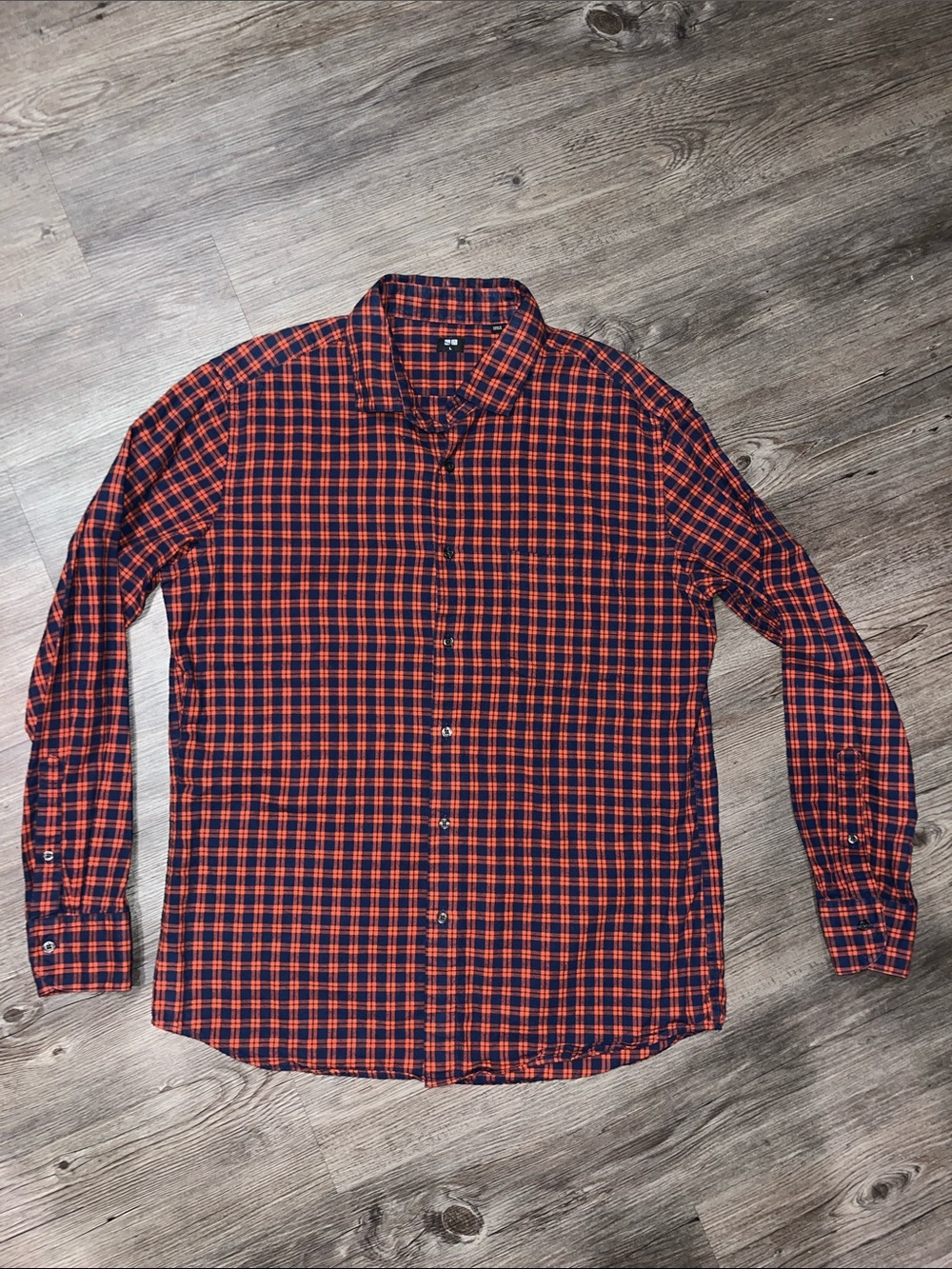 UNIQLO Orange and Navy Check Casual Button-Down Shirt